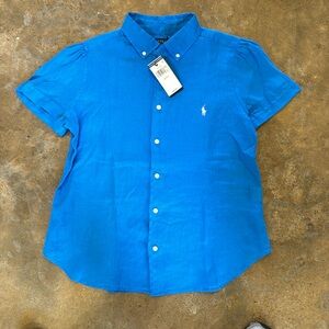 Polo, Ralph Lauren blue short sleeve button-down linen shirt